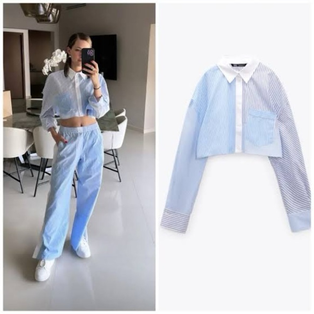 Zara Striped Blue and White Cropped Shirt size small
